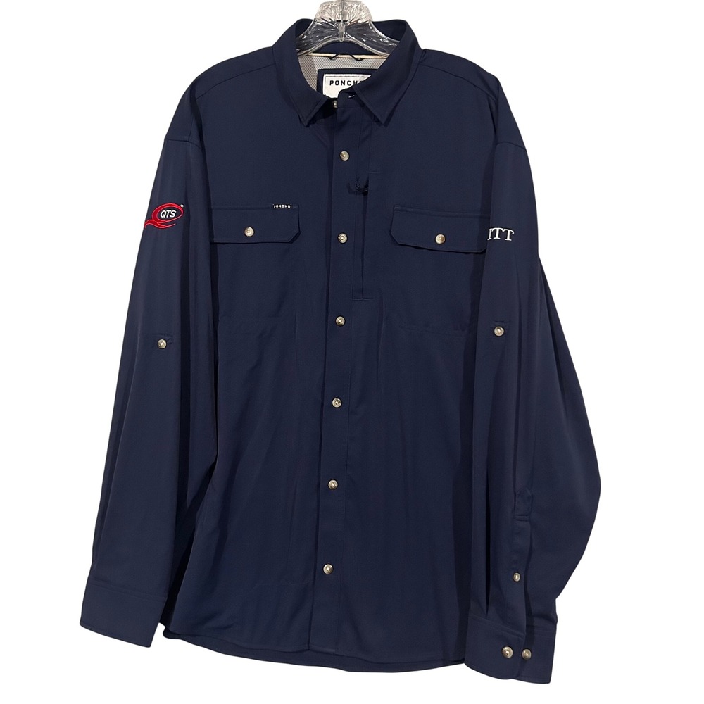 Poncho Outdoors Mens Large Navy Blue Fishing Shirt Magnetic Pockets QTS HITT L